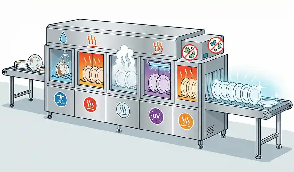 Infographic of sterilizing dishes with an industrial dishwasher