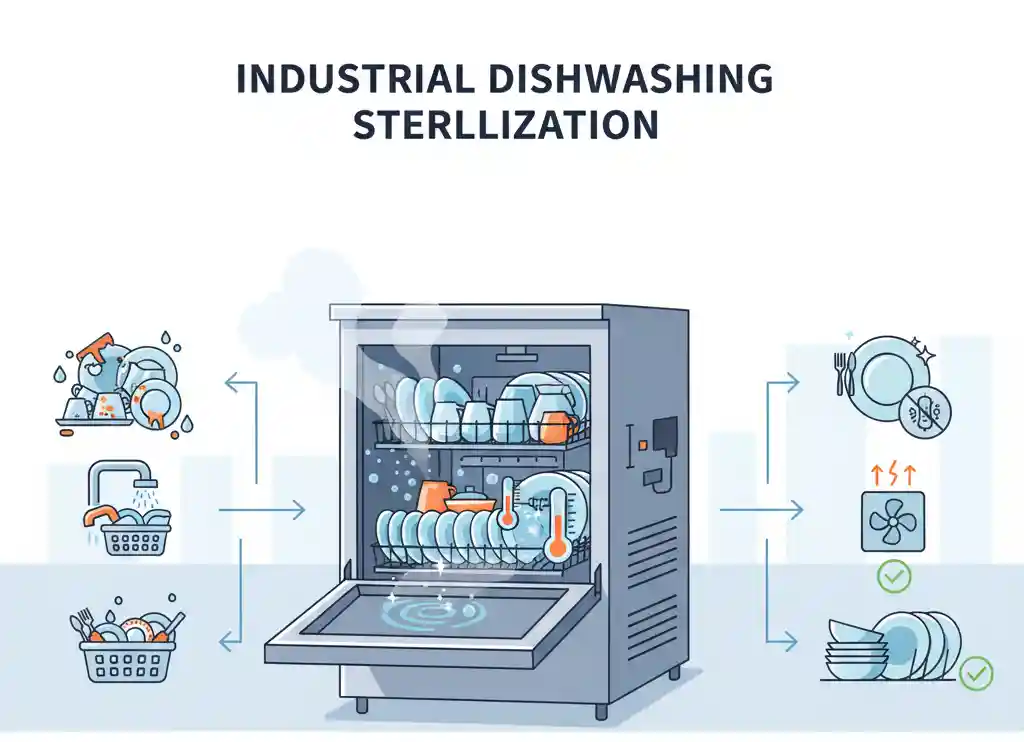 Infographic of sterilizing dishes with an industrial dishwasher